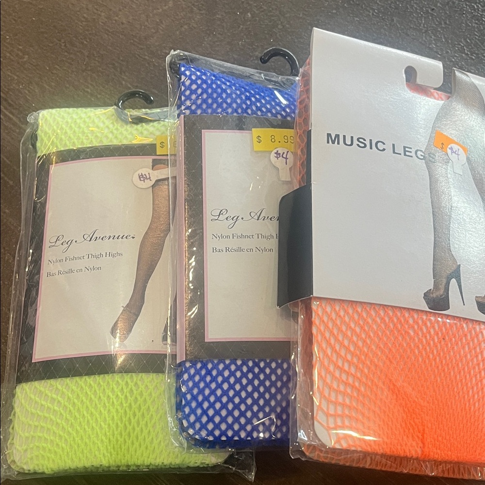 Music Legs Vibrant Fishnet Thigh Highs - Neon Blue, Orange, Yellow